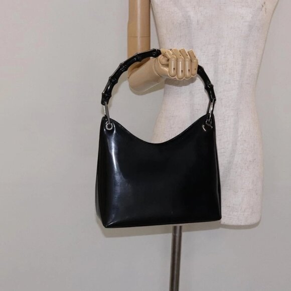 GUCCI Bamboo Shoulder Bag Patent leather Black Silver - Picture 1 of 16